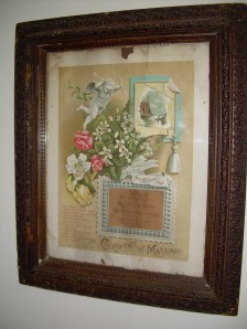 Commercial marriage certificate in frame - Edward E Dow and Viola Bell Bennett - 16 April 1887