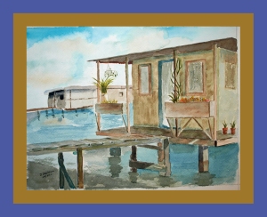 Foot of Dora Street, Jacksonville, Florida - houseboat. Watercolor by Darrell Chatraw