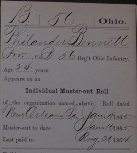 Compiled service record, Philander Bennett, Pvt., Co. B, 56th Ohio Vol. Inf.; Carded Records, Volunteer Organizations, Civil War; Records of the Adjutant General’s Office, 1780s-1917, Record Group 94; National Archives, Washington, D.C.