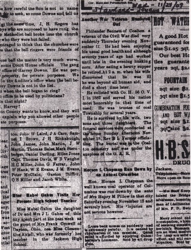 1909 Nov 24 - Standard-Journal - Jackson Co Oh - Philander Bennett - received in email on 5-17-2013